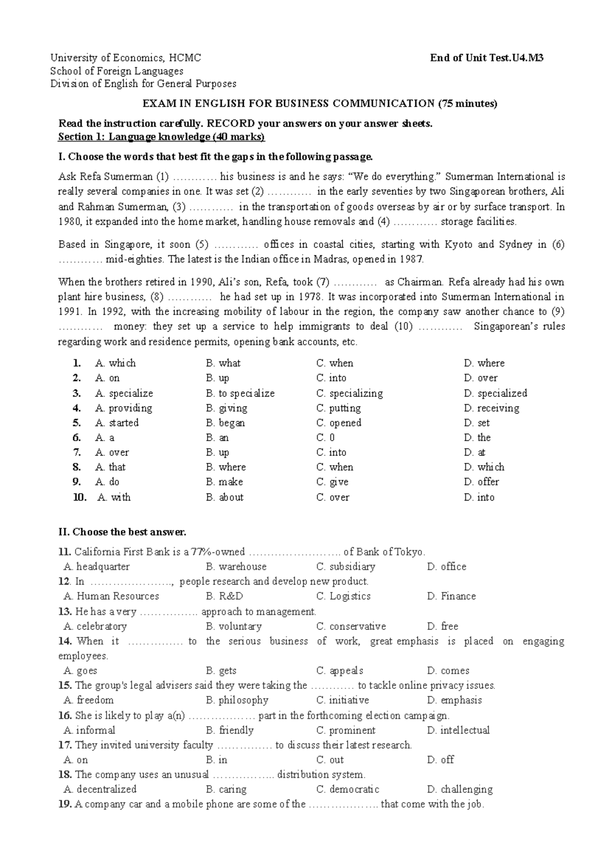 M3 EOUTest-Unit-4 K45 updated - University of Economics, HCMC School of ...