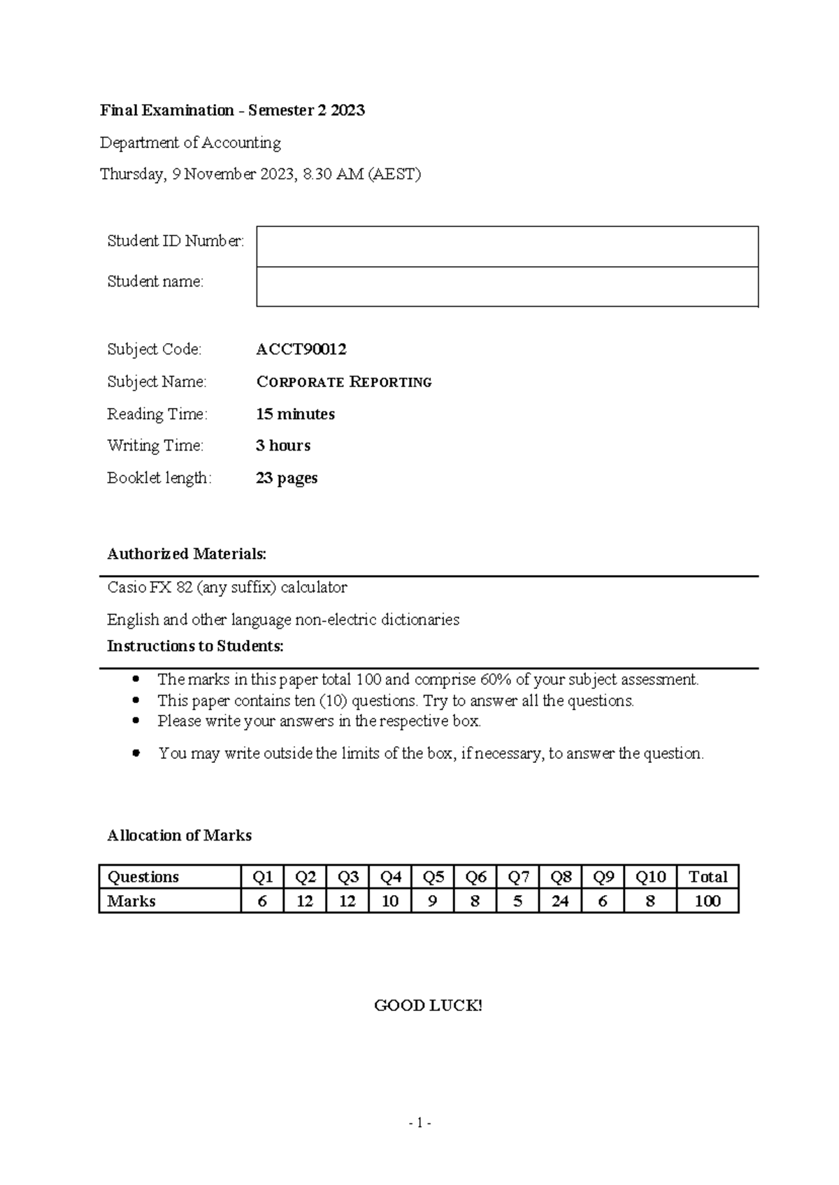 ACCT90012 EXAM END of Semester 2 2023 - Final Examination - Semester 2 ...