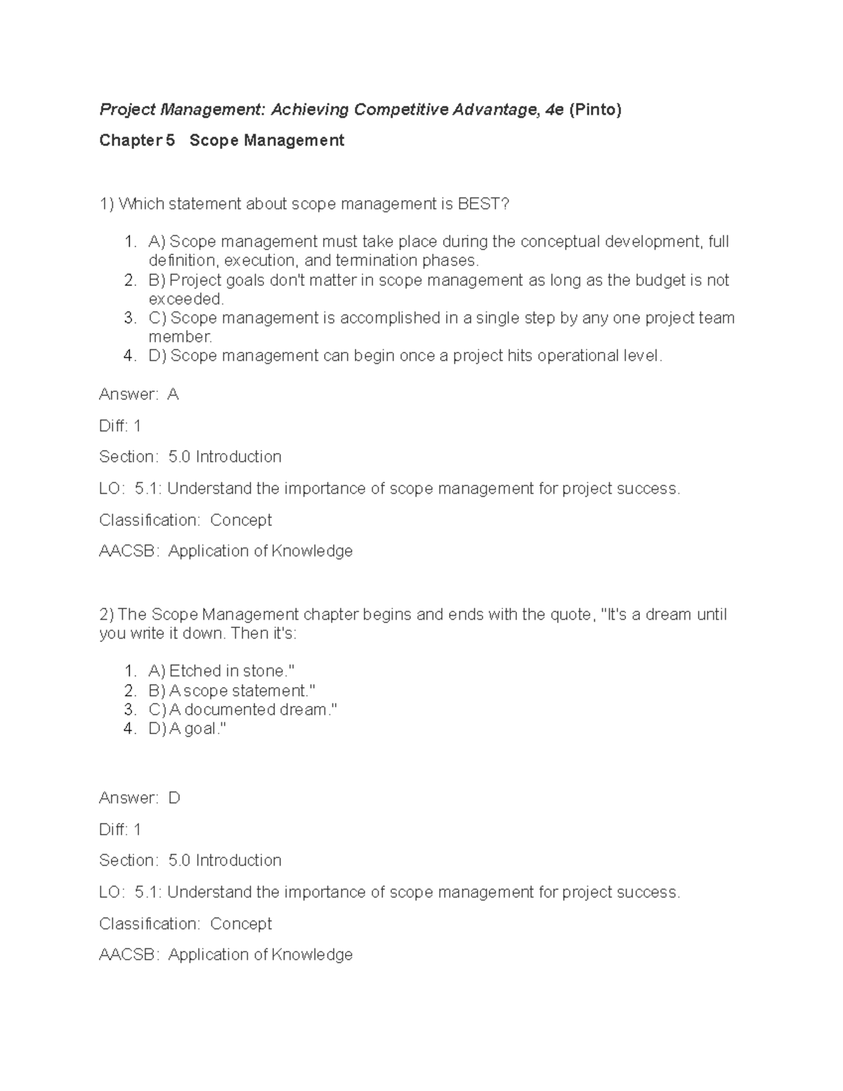 Ch 05 test bank - test bank - Project Management: Achieving Competitive ...