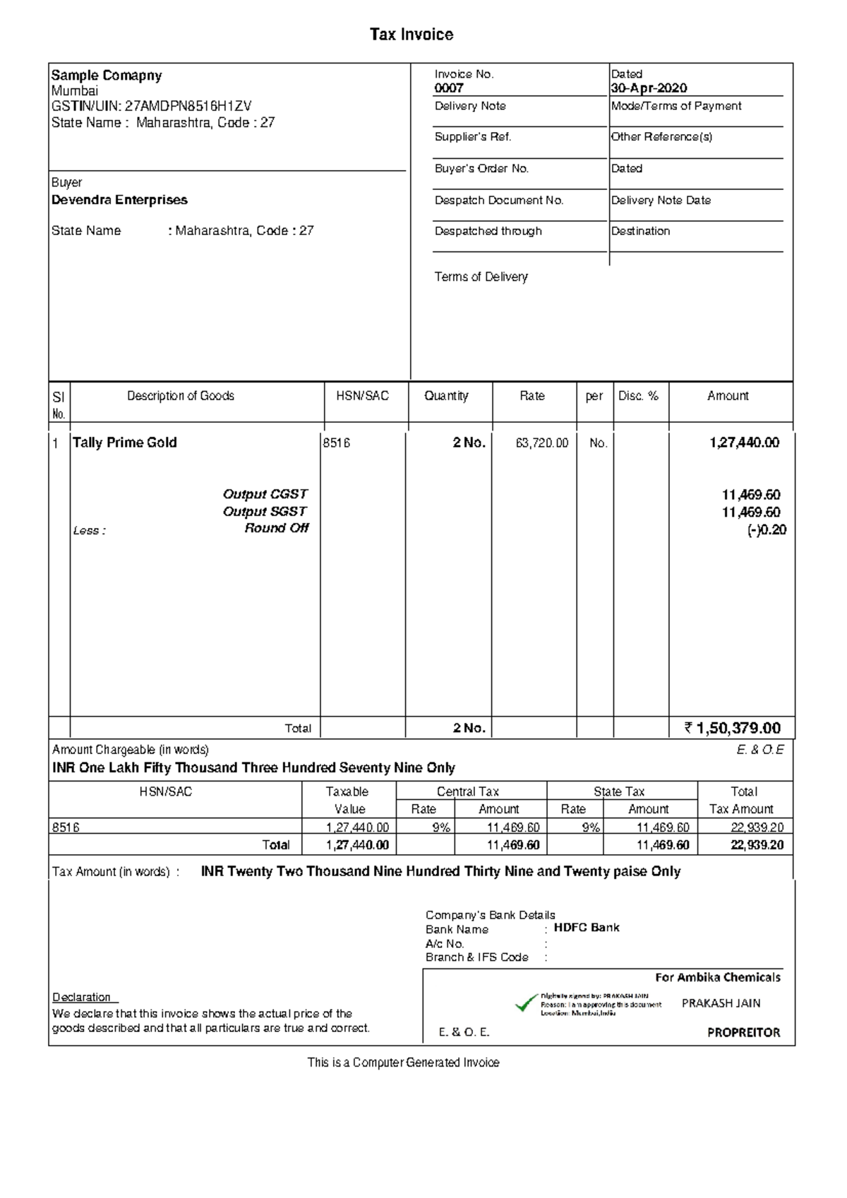 Accounting Voucher-1 - Bill - Tax Invoice Sample Comapny Mumbai GSTIN ...