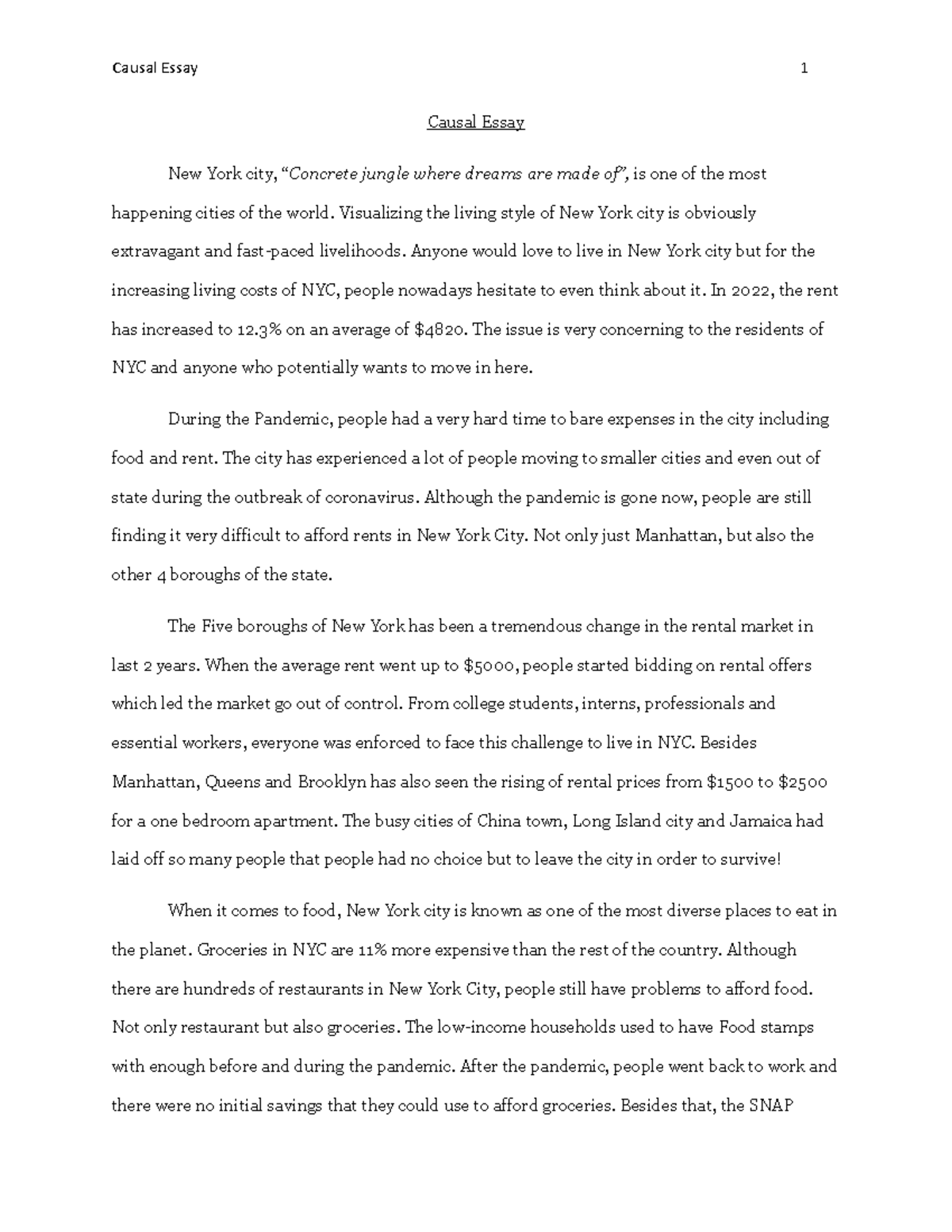 Task 3 English Composition 3 Causal Essay 1 Causal Essay New York