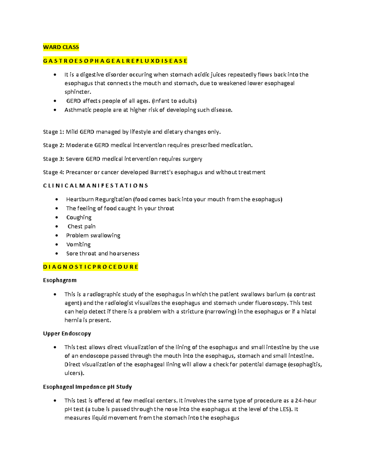 WARD- Class- Medsurge Notes - WARD CLASS G A S T R O E S O P H A G E A ...