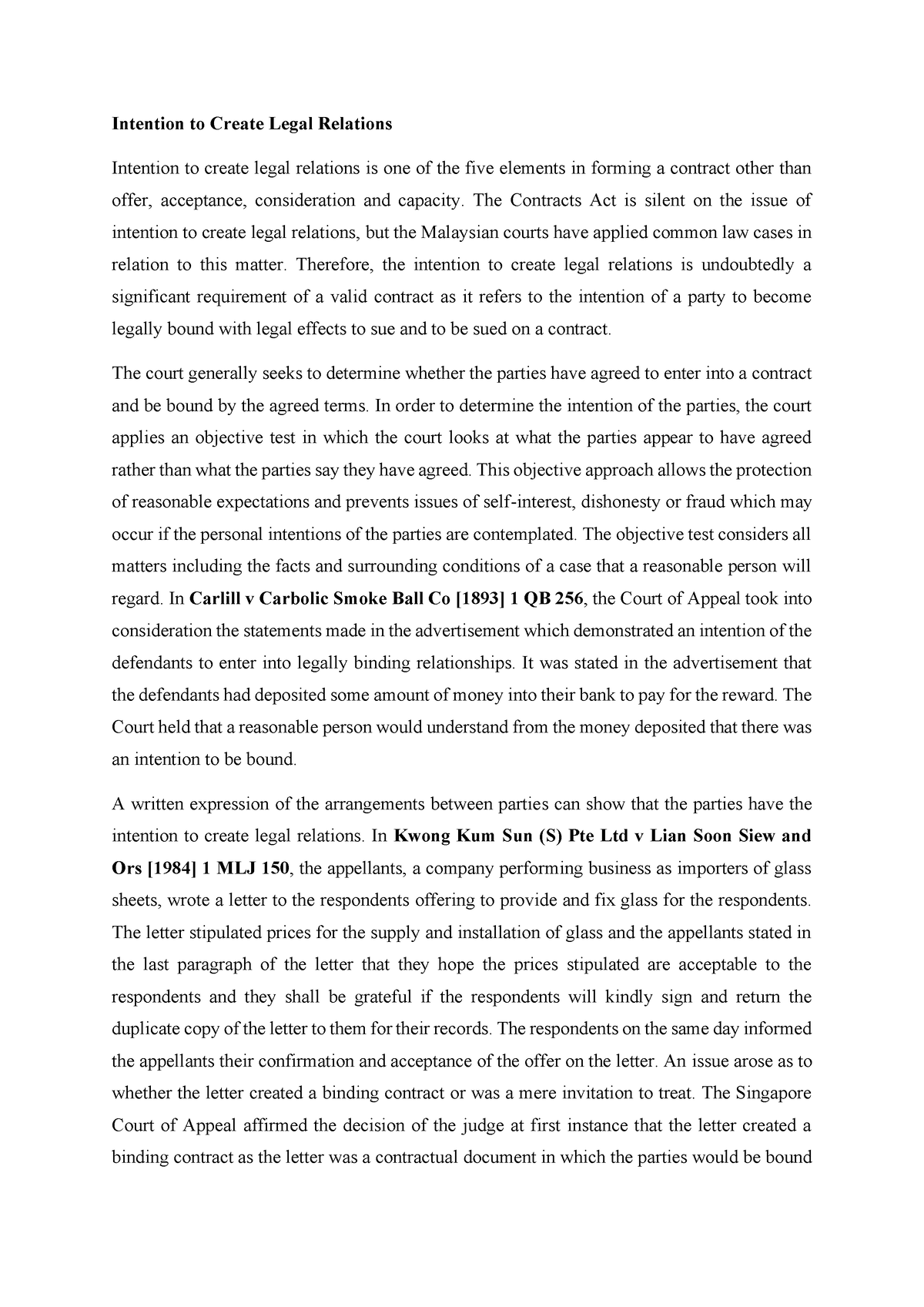 contract law essay on intention to create legal relations