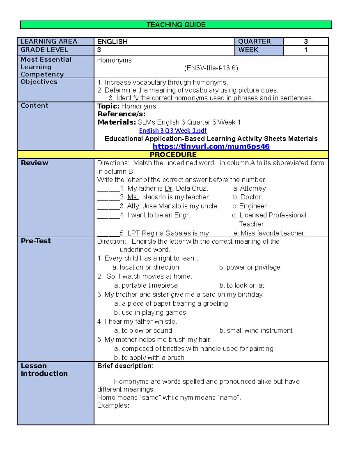 Teaching Guide - TEACHING GUIDE LEARNING AREA ENGLISH QUARTER 3 GRADE ...