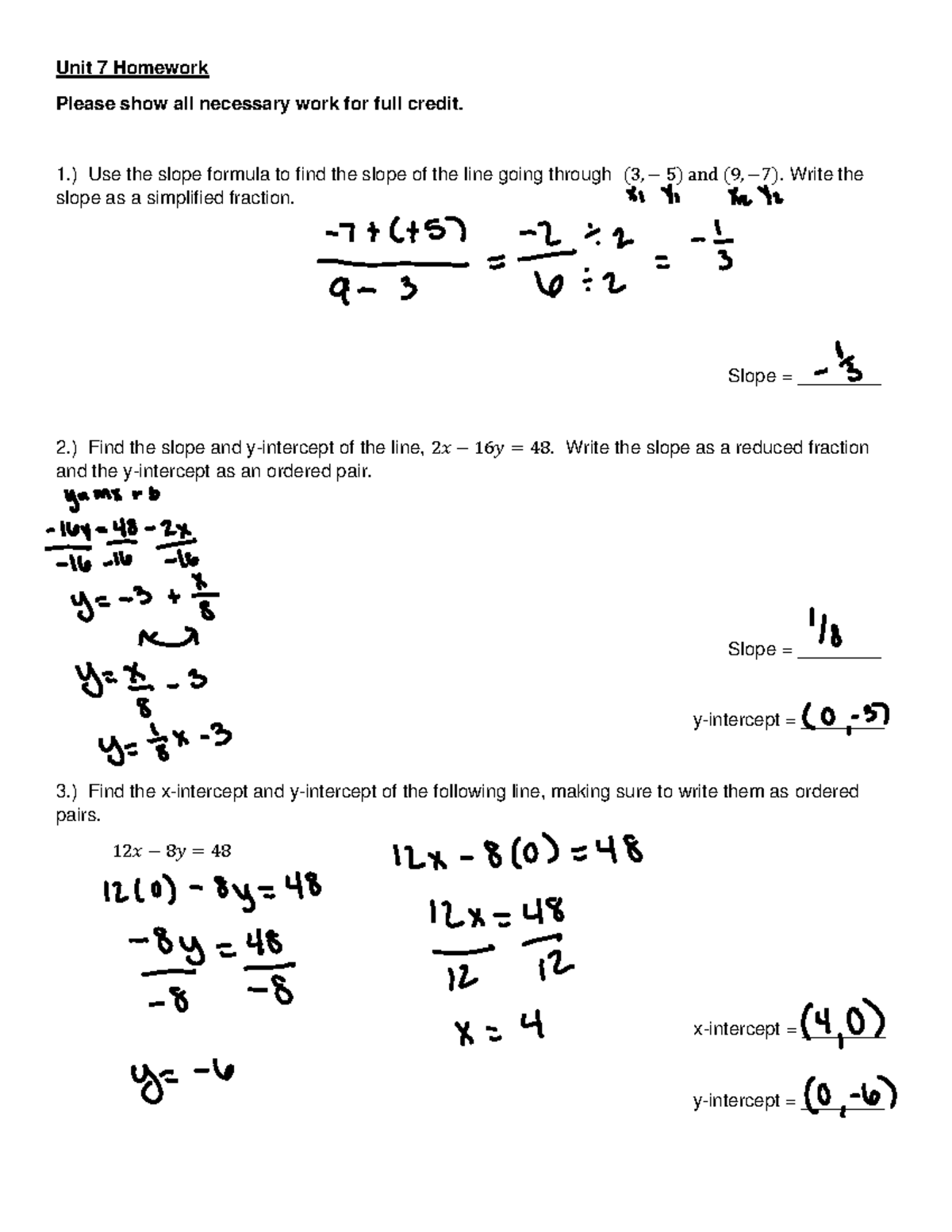 Math Unit 7 HW - Unit 7 Homework - Unit 7 Homework Please Show All ...