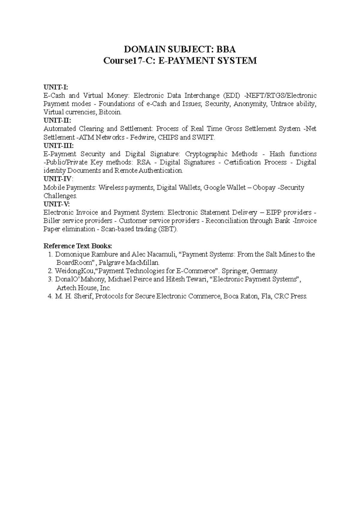 EPAY Systems - Subject Contents - DOMAIN SUBJECT: BBA Course17-C: E ...