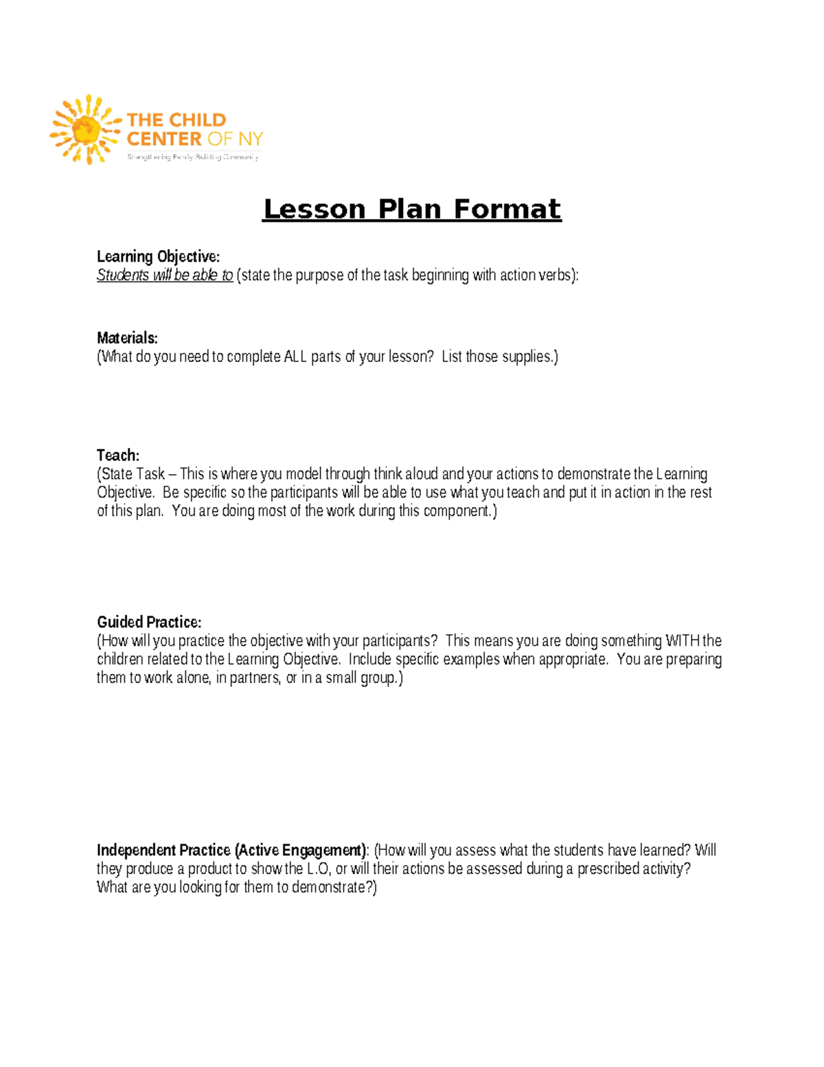 Lesson Plan Child Center Ps - Lesson Plan Format Learning Objective ...