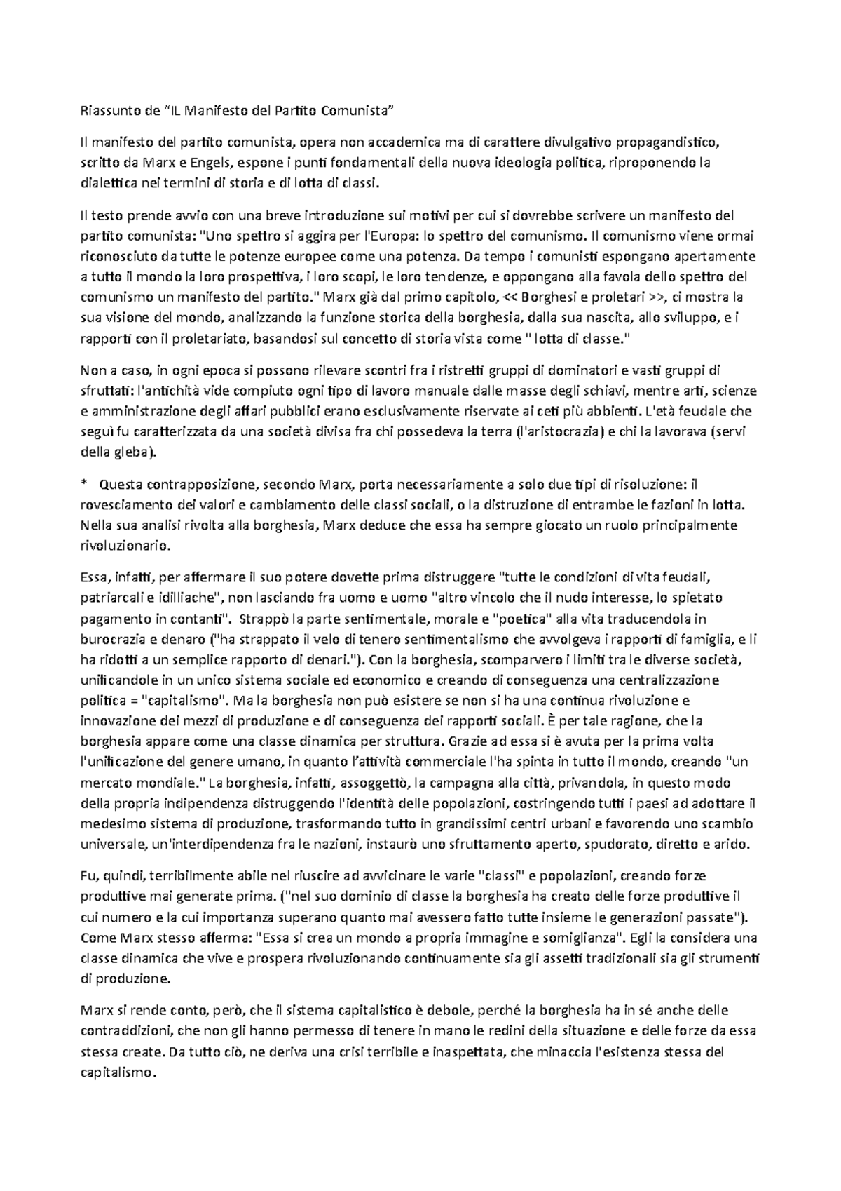 Riassunto Manifesto del Partito Comunista Riassunto de “IL Manifesto del Partito Comunista” Il