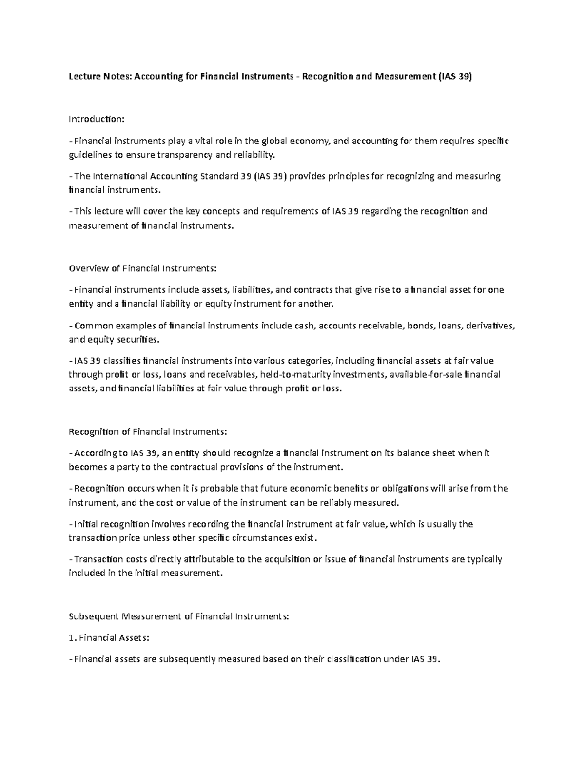 Lecture Notes: Accounting for Financial Instruments - Recognition and ...