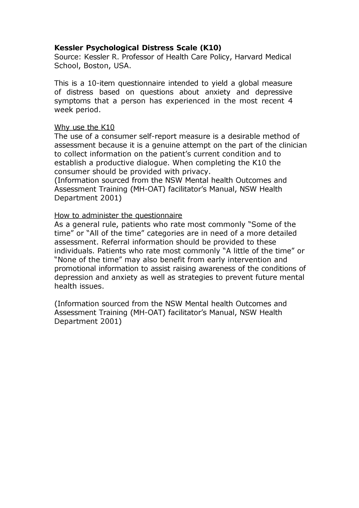 K10 English - Kessler Psychological Distress Scale (K10) Source ...