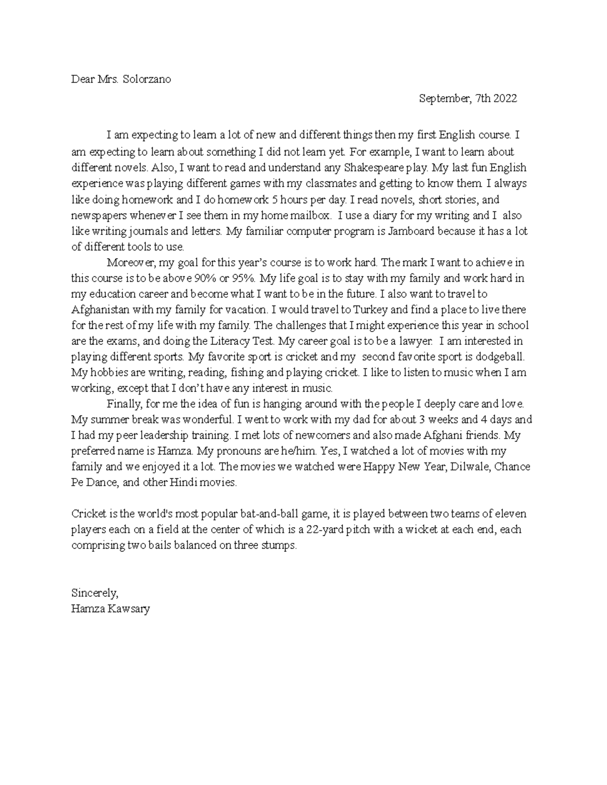 Letter Of Introduction - Dear Mrs. Solorzano September, 7th 2022 I am ...