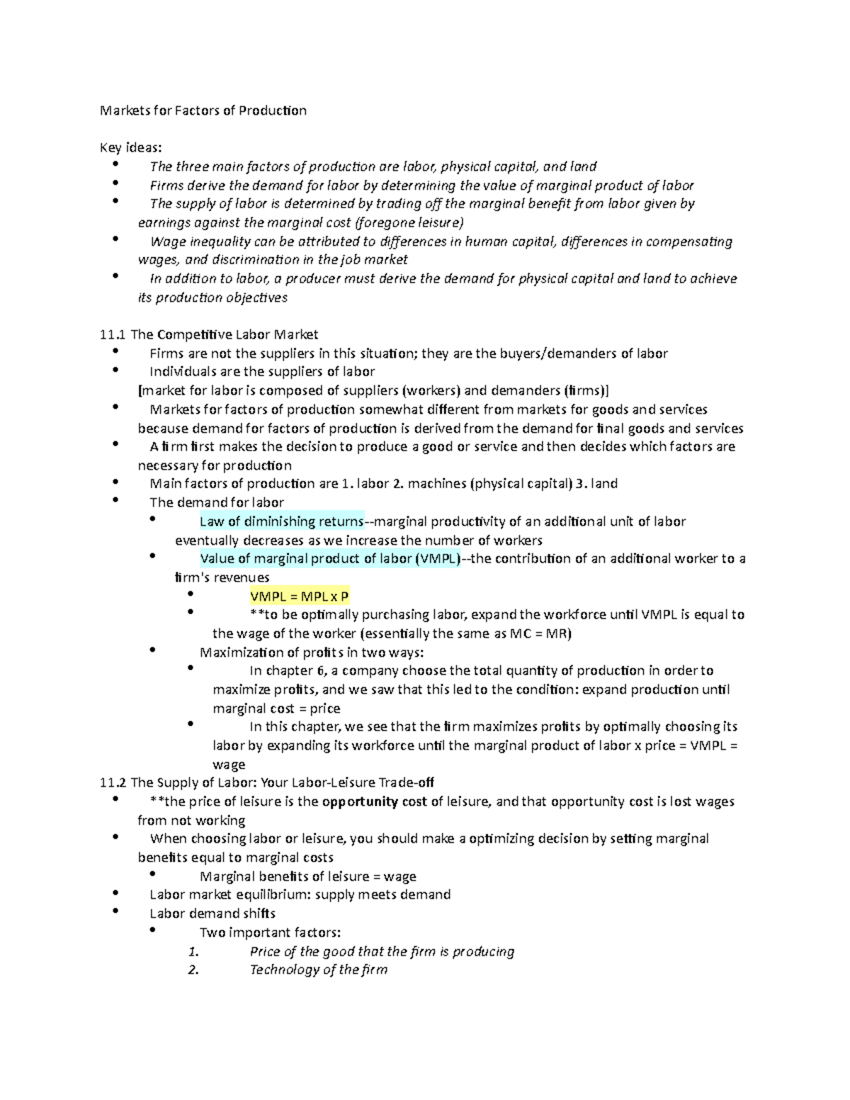Chapter 11 - Lecture notes 11 - Markets for Factors of Production Key ...