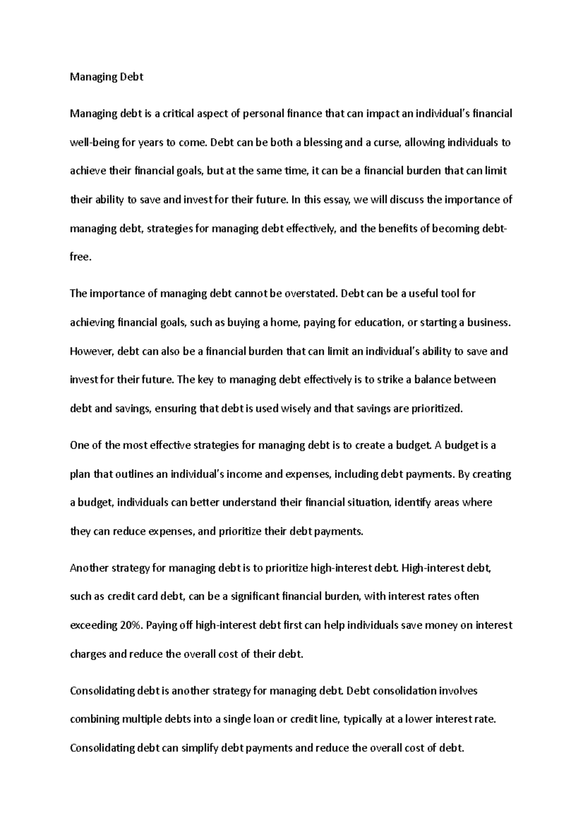 managing debt essay