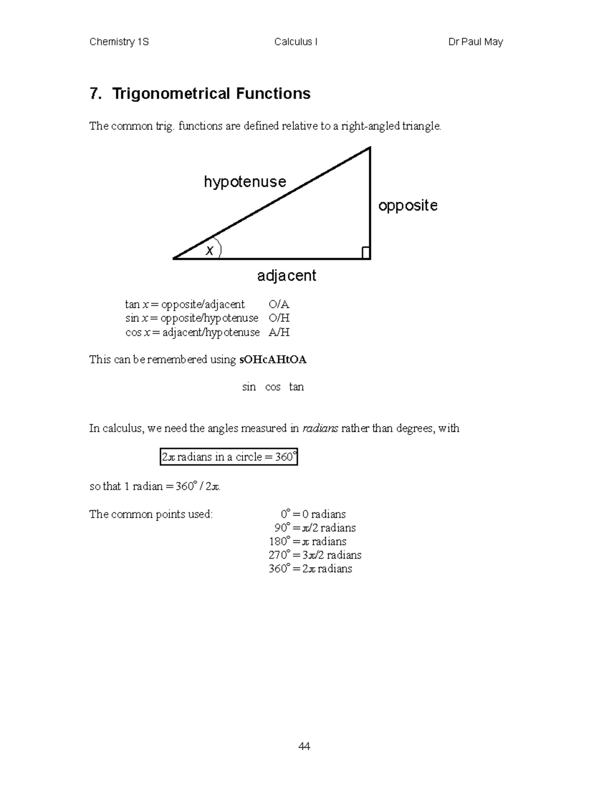 Lecture notes, lecture 8 - 7. Trigonometrical Functions The common trig ...