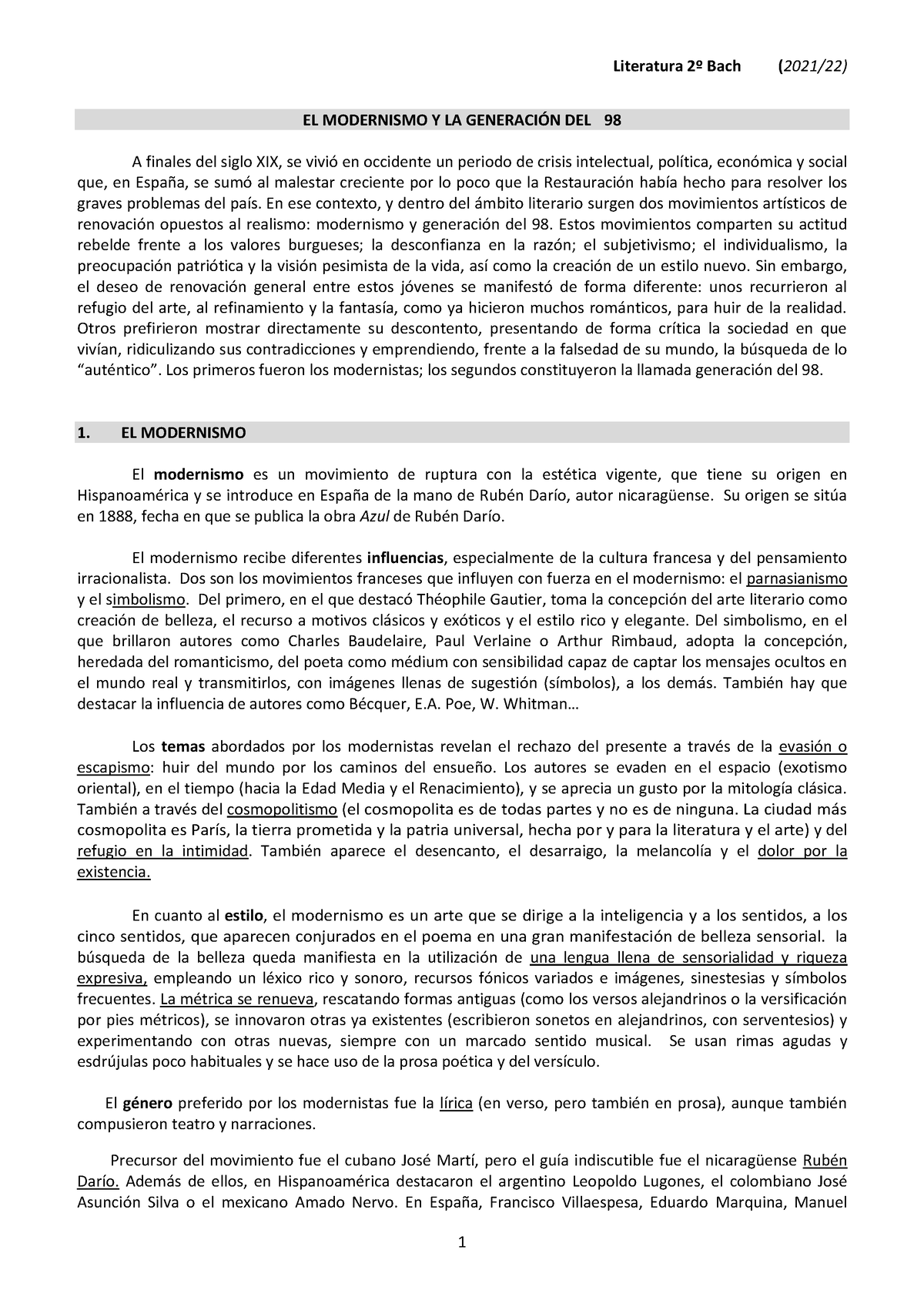 Modernismo Y Generación Del 98 21-22 - EL MODERNISMO Y LA GENERACI”N ...