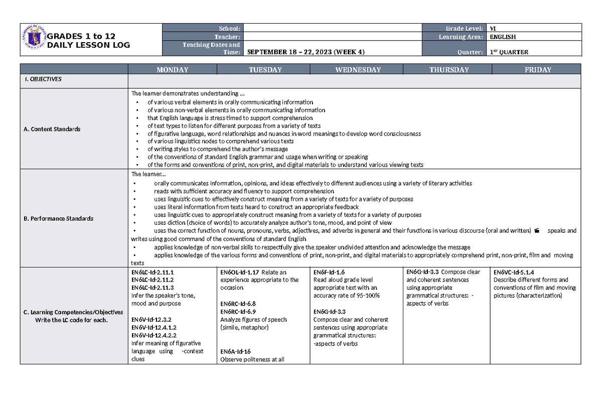 DLL English-6 Q1 W4 - daily lesson log - GRADES 1 to 12 DAILY LESSON ...