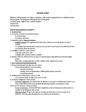 BLAW Review Sheet For Midterm - 1 1REVIEW SHEET Midterm: Will Get ...