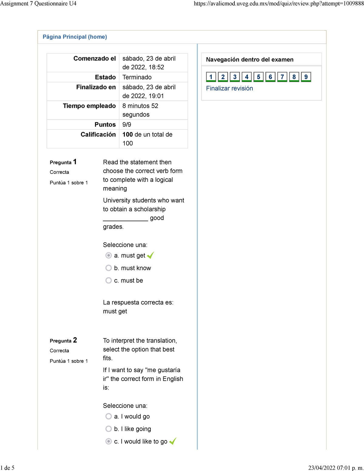 assignment 7 questionnaire u4 uveg ingles iii