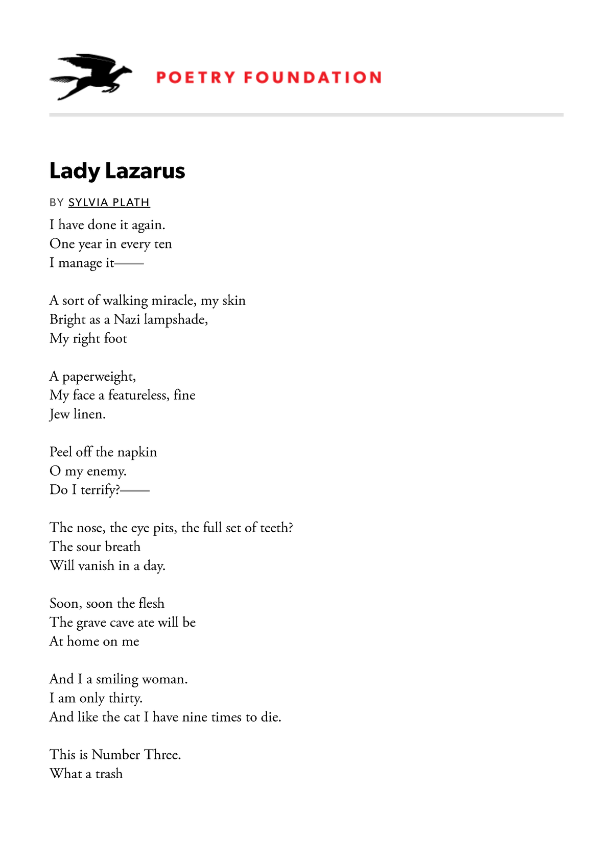 Lady Lazarus by Sylvia Plath Poetry Foundation - Lady Lazarus BY SYLVIA ...