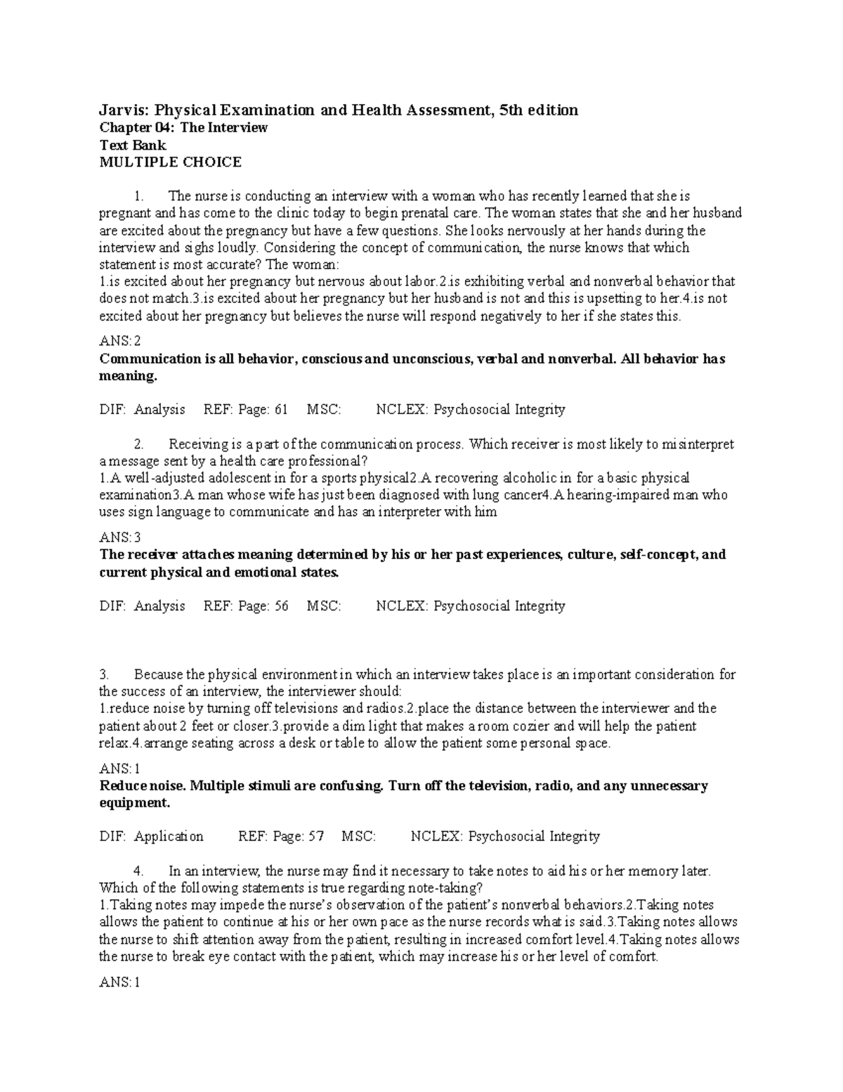 Chapter 04 Health Assessment. Practice Questions Jarvis Physical Examination and Health Studocu