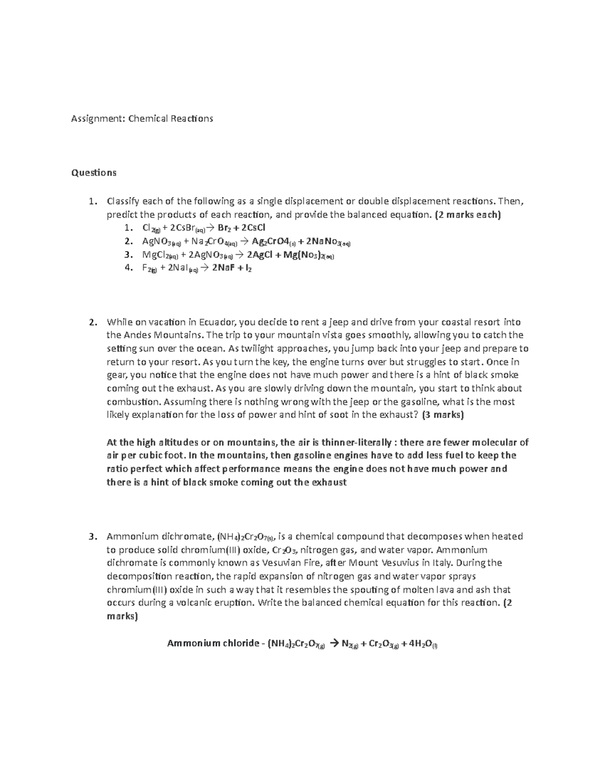 chemical reaction assignment