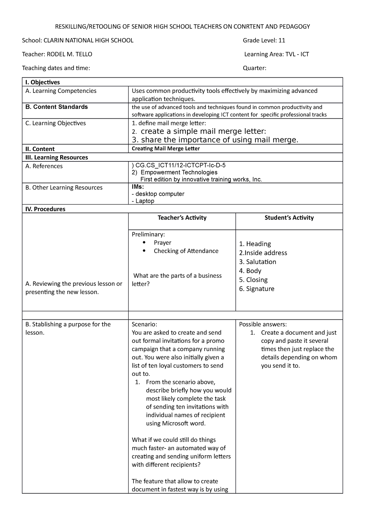 Lessonplan Rodel M. Tello - RESKILLING/RETOOLING OF SENIOR HIGH SCHOOL ...