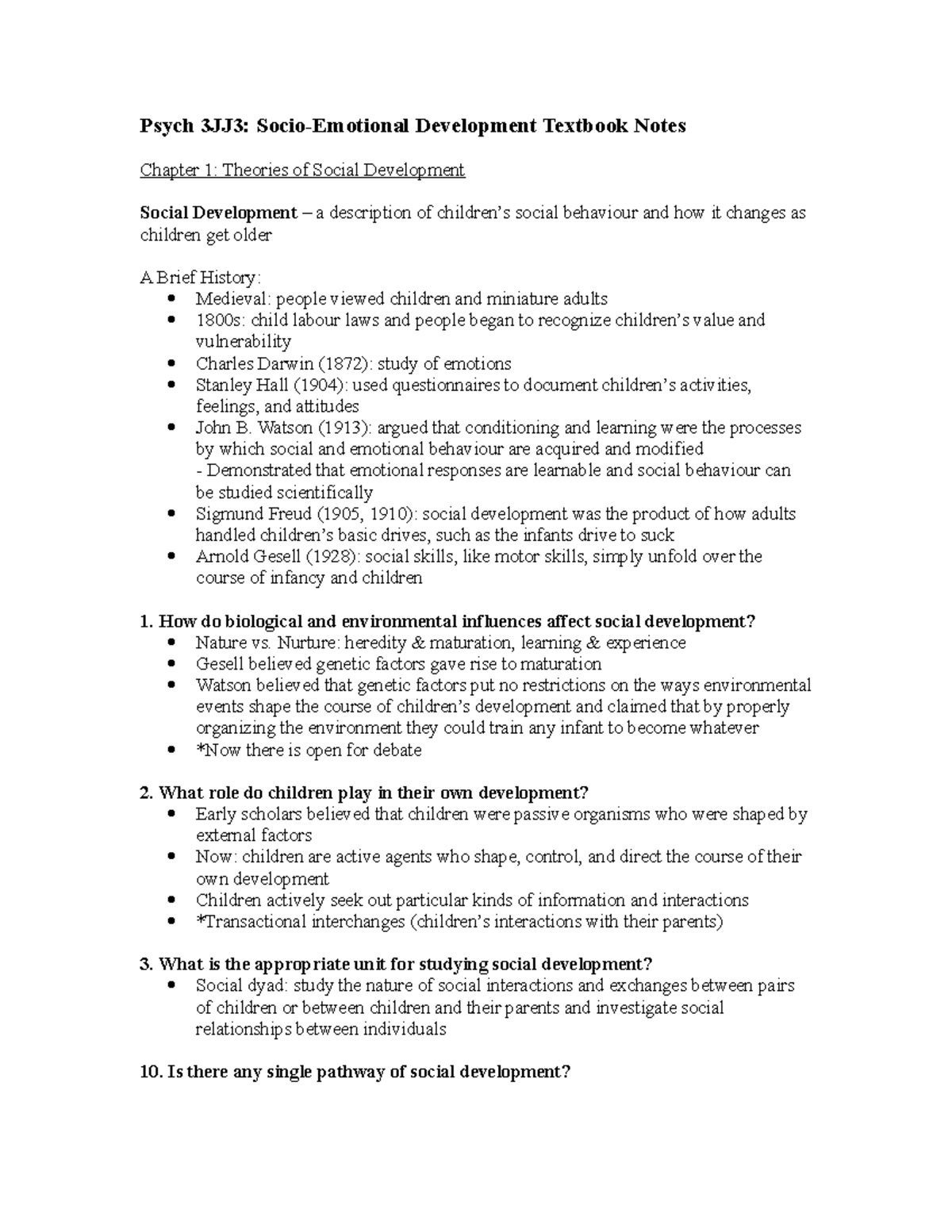 Chapter 1 Textbook Notes - Psych 3JJ3: Socio-Emotional Development ...