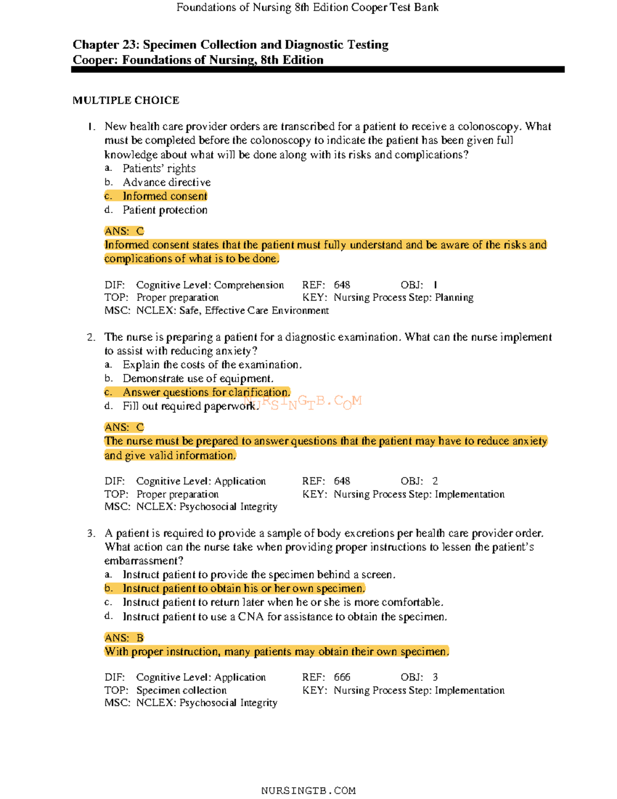 23 - fundamentals - NURSINGTB Chapter 23: Specimen Collection and ...