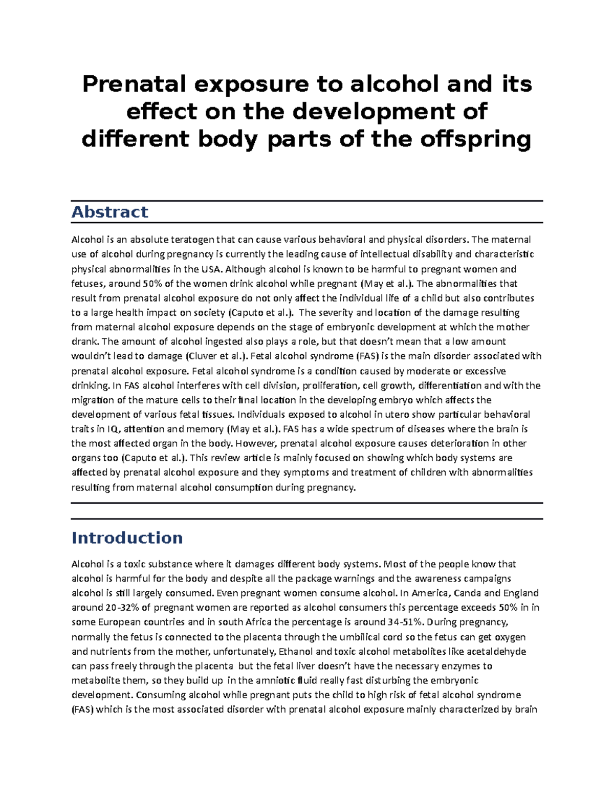 Prenatal Exposure To Alcohol And Its Effect On The Development Of ...