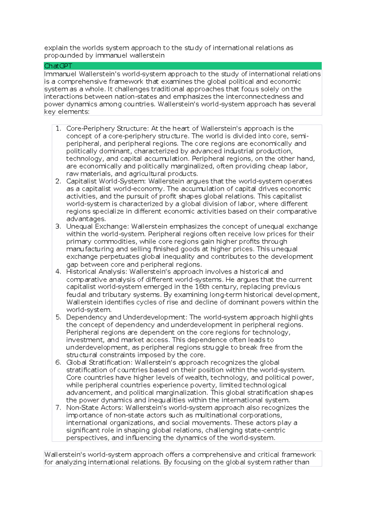 Explain the worlds system approach to the study of international ...