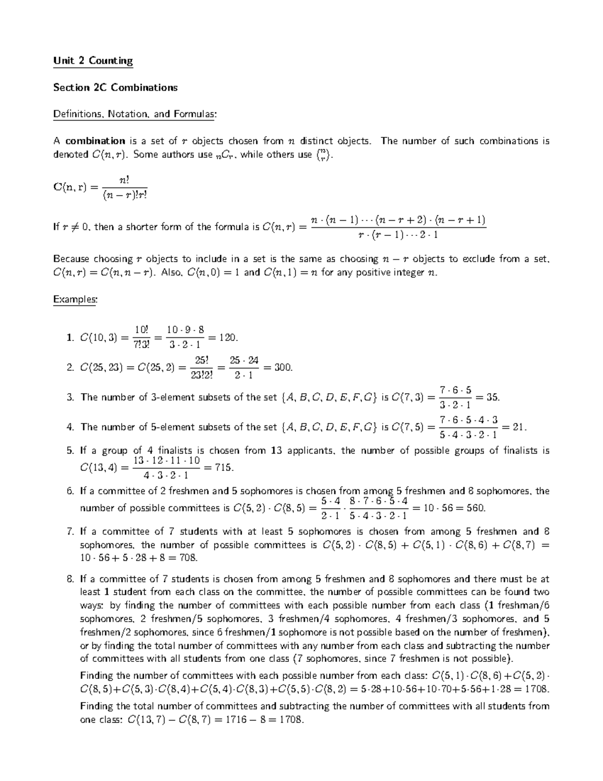 Chapter 2.3 lecture notes - Unit 2 Counting Section 2C Combinations ...