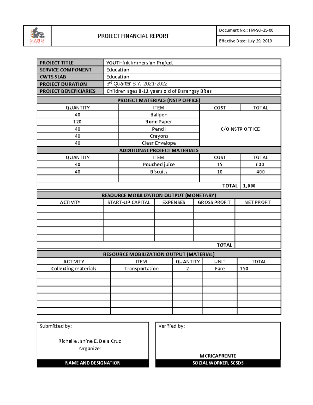 F- Project Financial Report - PROJECT FINANCIAL REPORT Document No.: FM ...