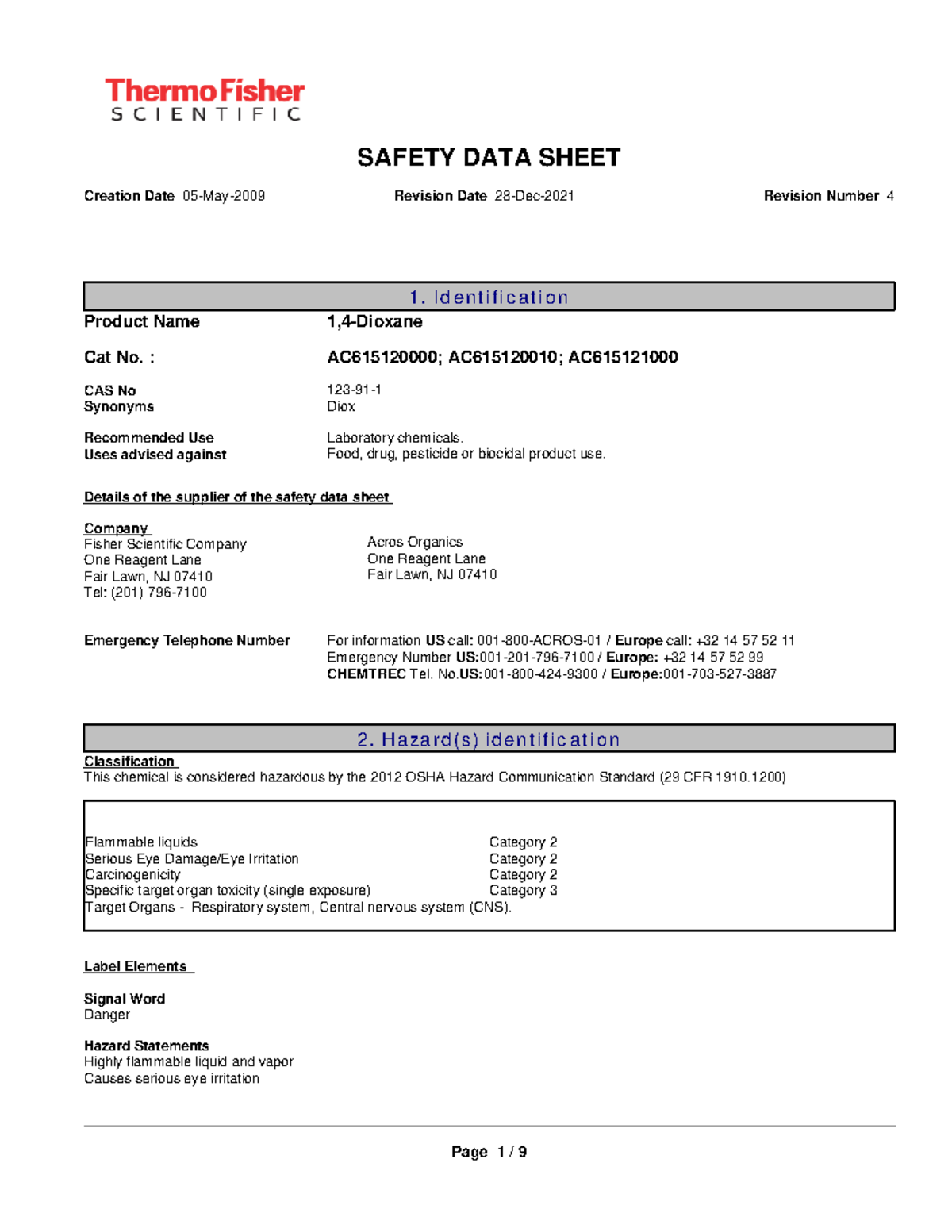 1 4 Dioxane Anhyd Lab SAFETY DATA SHEET Creation Date 05May2009