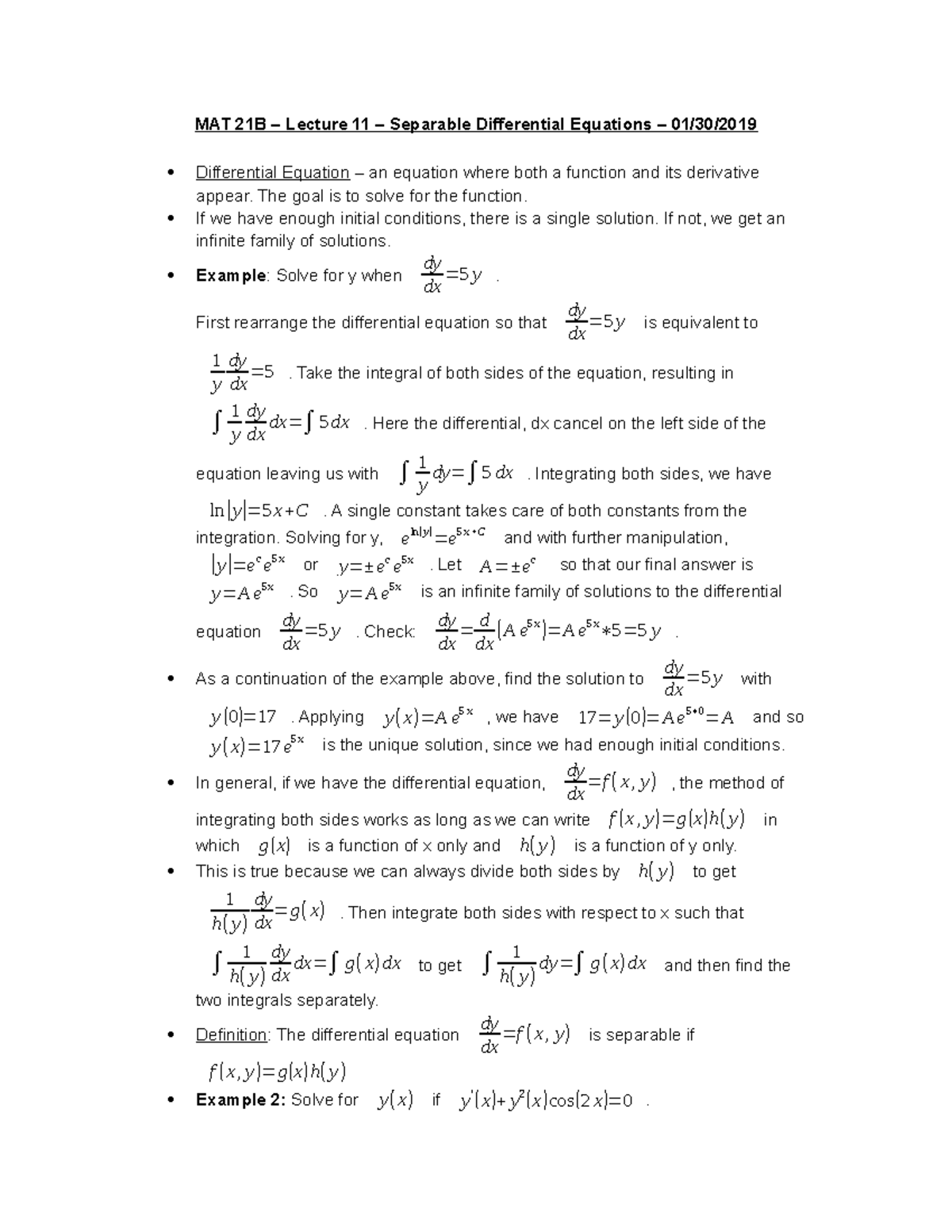 MAT 21B – Lecture 11 – Separable Differential Equations - MAT 21B ...