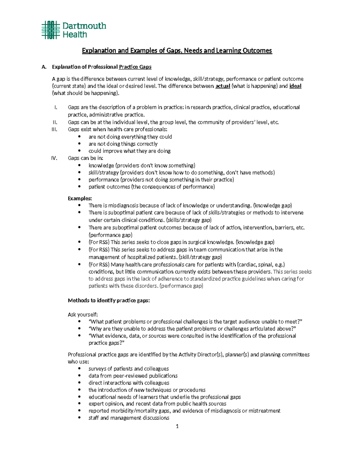 Explanation and examples of gaps - Explanation of Professional Practice ...
