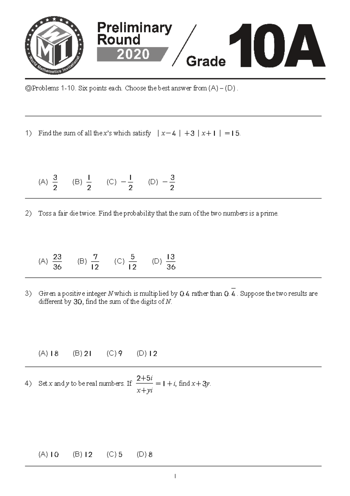 2020 WMI Grade 10 Questions Part 1-英 - Problems 1 - 10. Six points each ...