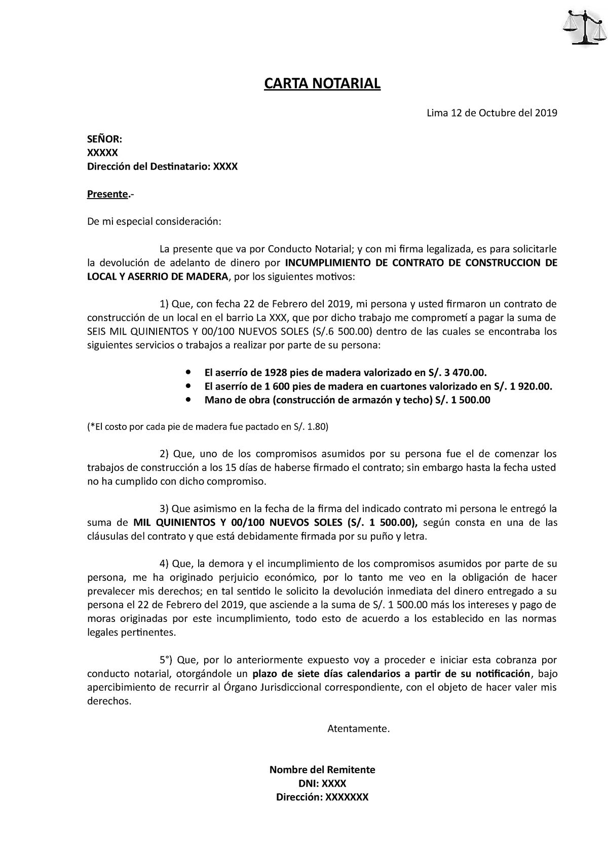 Carta Notarial Por Incumplimiento De Contrato Lima 12 De Octubre Del 2019 SeÑor Xxxxx 1418