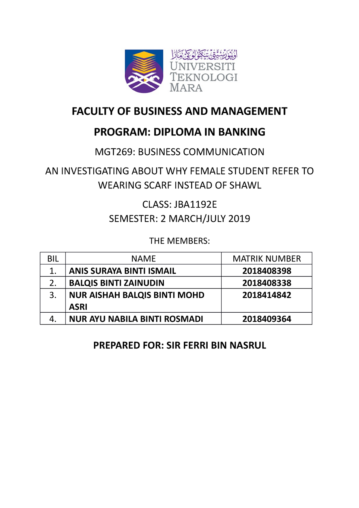 Report - Point - FACULTY OF BUSINESS AND MANAGEMENT PROGRAM: DIPLOMA IN ...