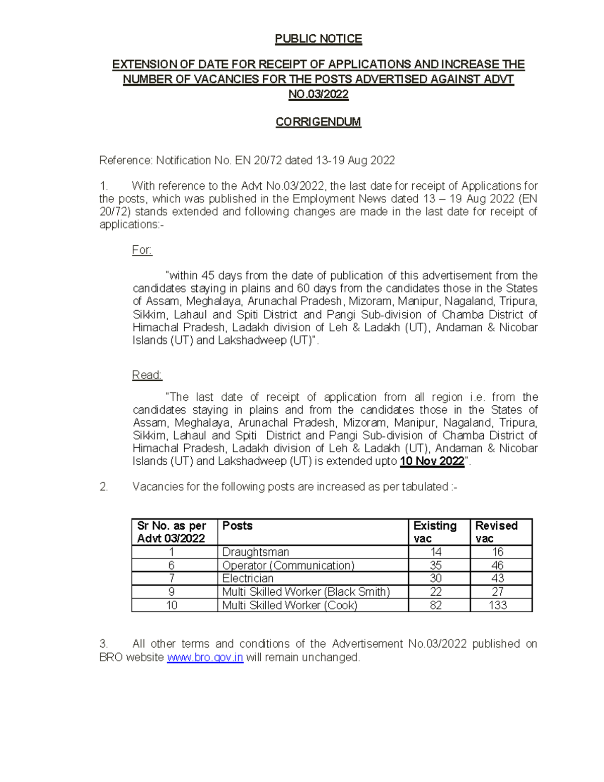 BRO Recruitment 2022 Notification Form 1 - PUBLIC NOTICE EXTENSION OF ...