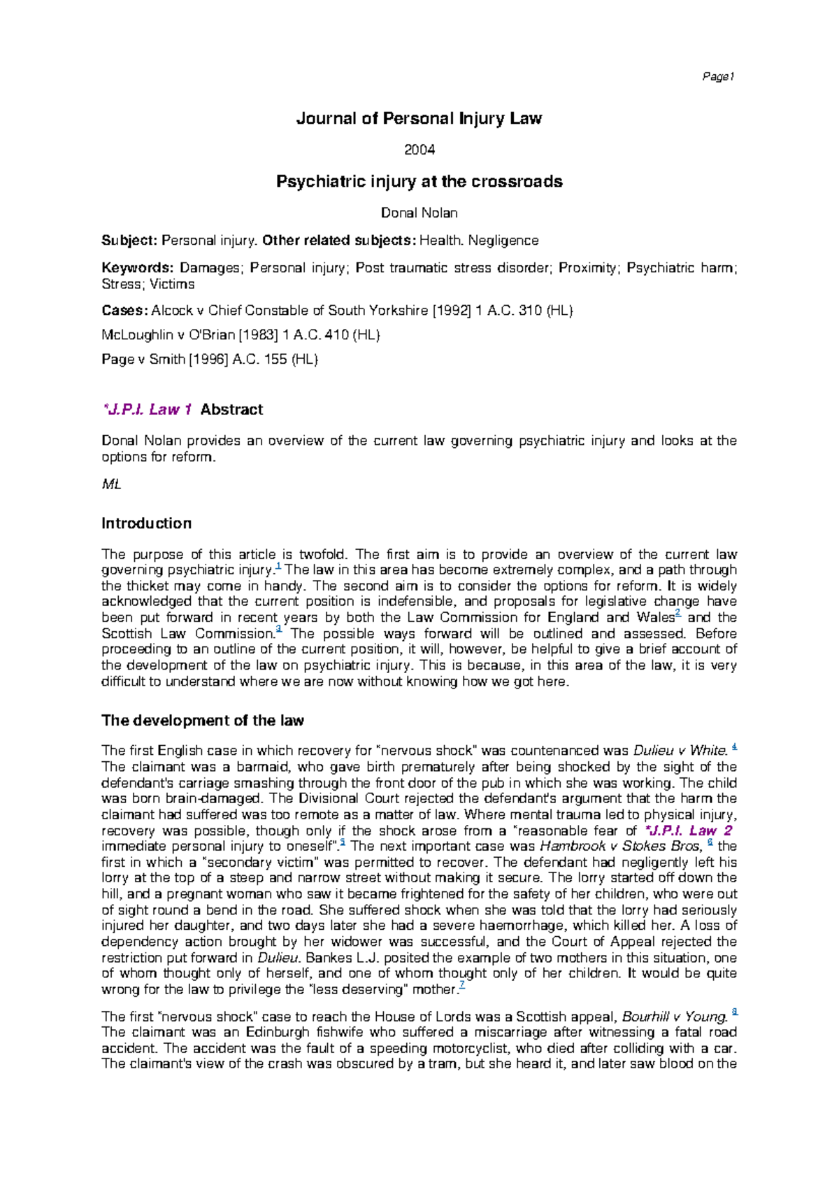 Psychiatric Injury at the Crossroads - Journal of Personal Injury Law ...