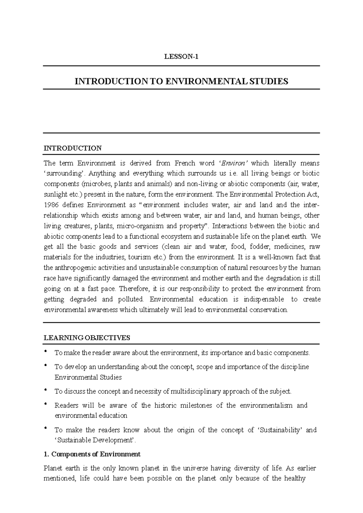 Notes EVS (unit 1) pdf - LESSON- 1 INTRODUCTION TO ENVIRONMENTAL ...