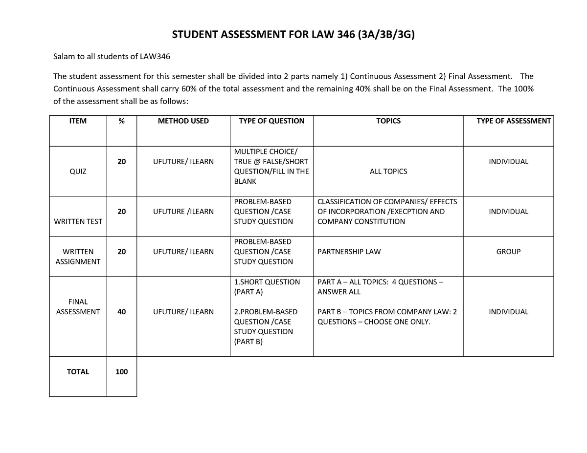 Student Assessment (LAW346 Class B LECT) - Law - UiTM - Studocu
