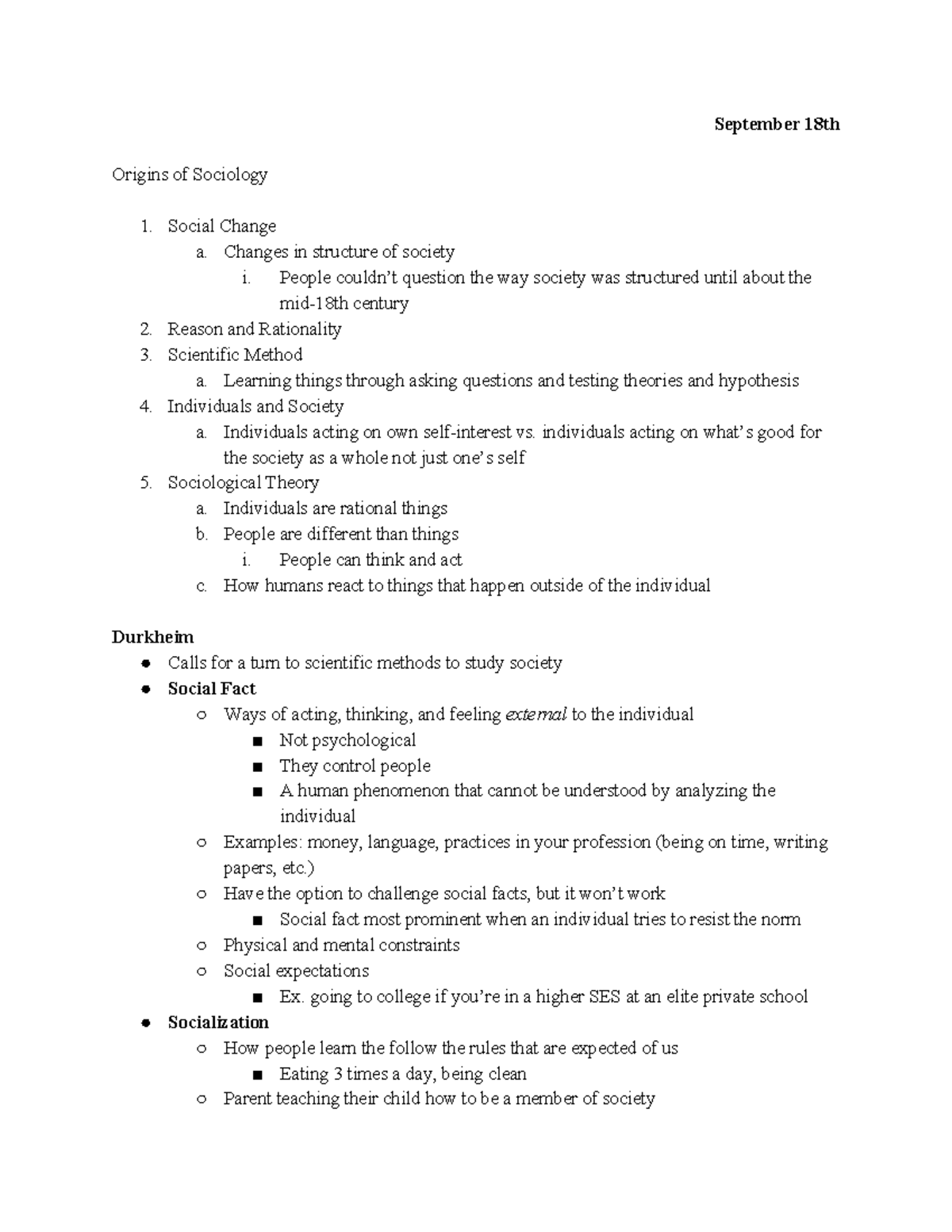 Soc101 Lecture Notes - September 18th Origins of Sociology Social ...