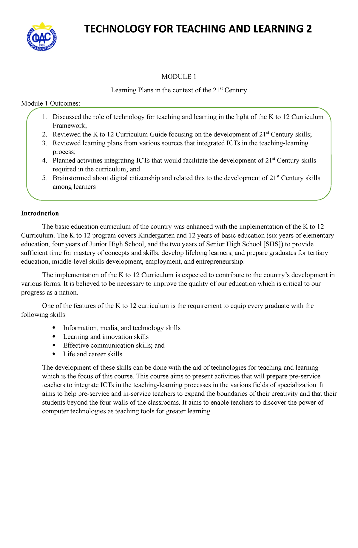 Technology FOR Teaching AND Learning 2 Module 1 Lesson 1 - TECHNOLOGY ...