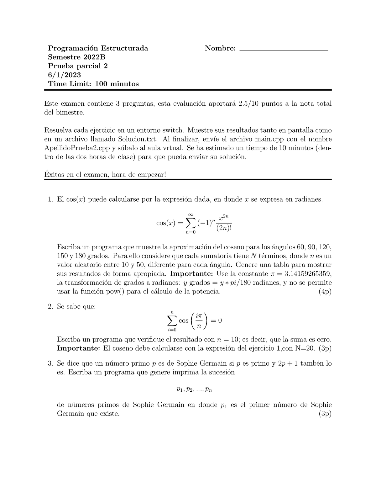 Prueba 2 Programaci N 2022B - Programaci ́on Estructurada Nombre ...