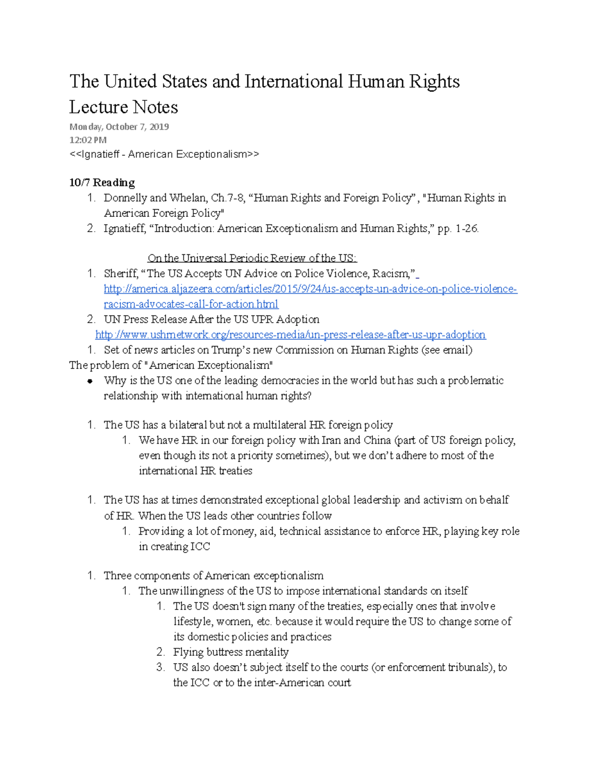 The United States and International Human Rights Lecture Notes - The ...