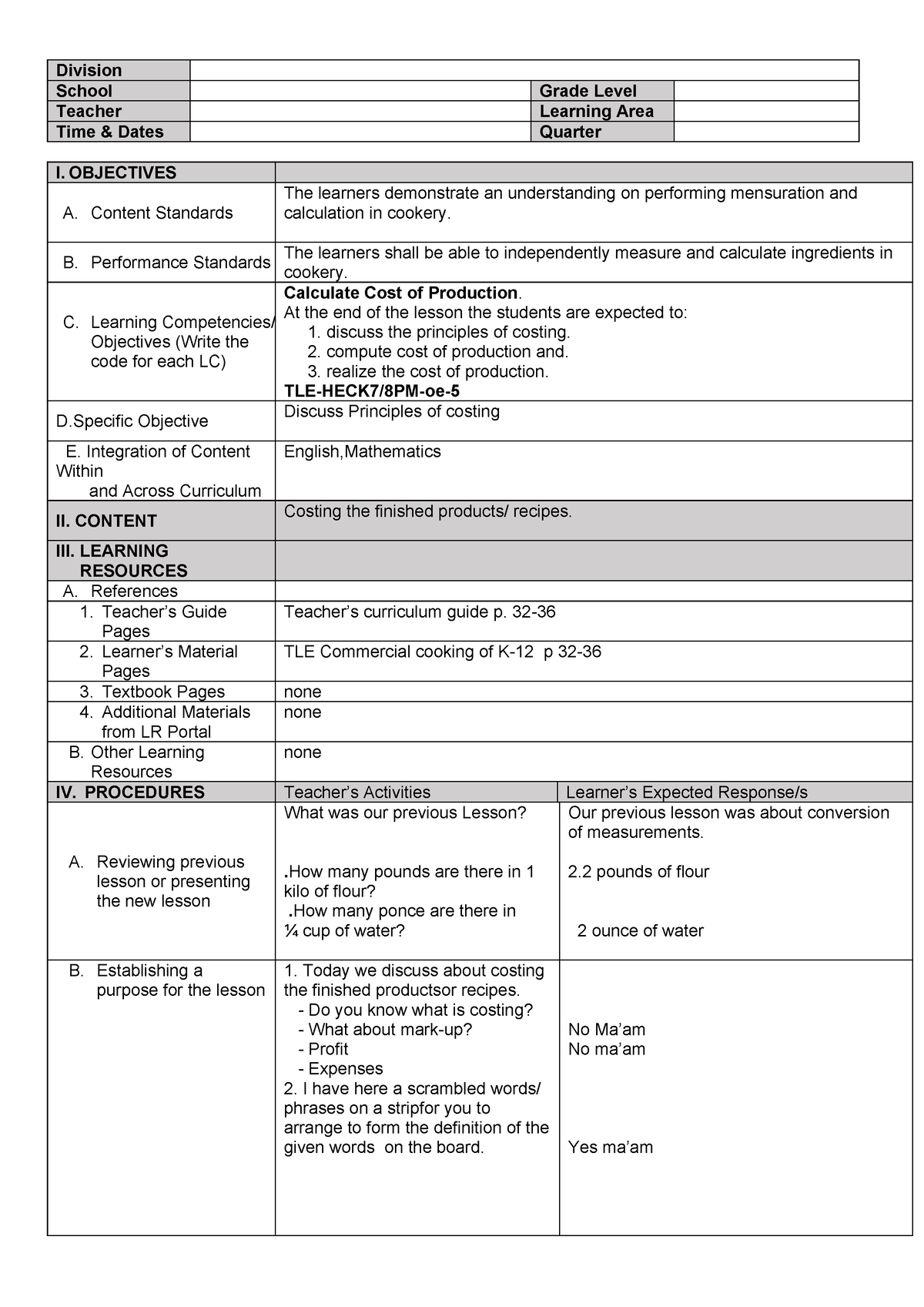 Cookery- Exploratory - change is coming - Division School Grade Level ...