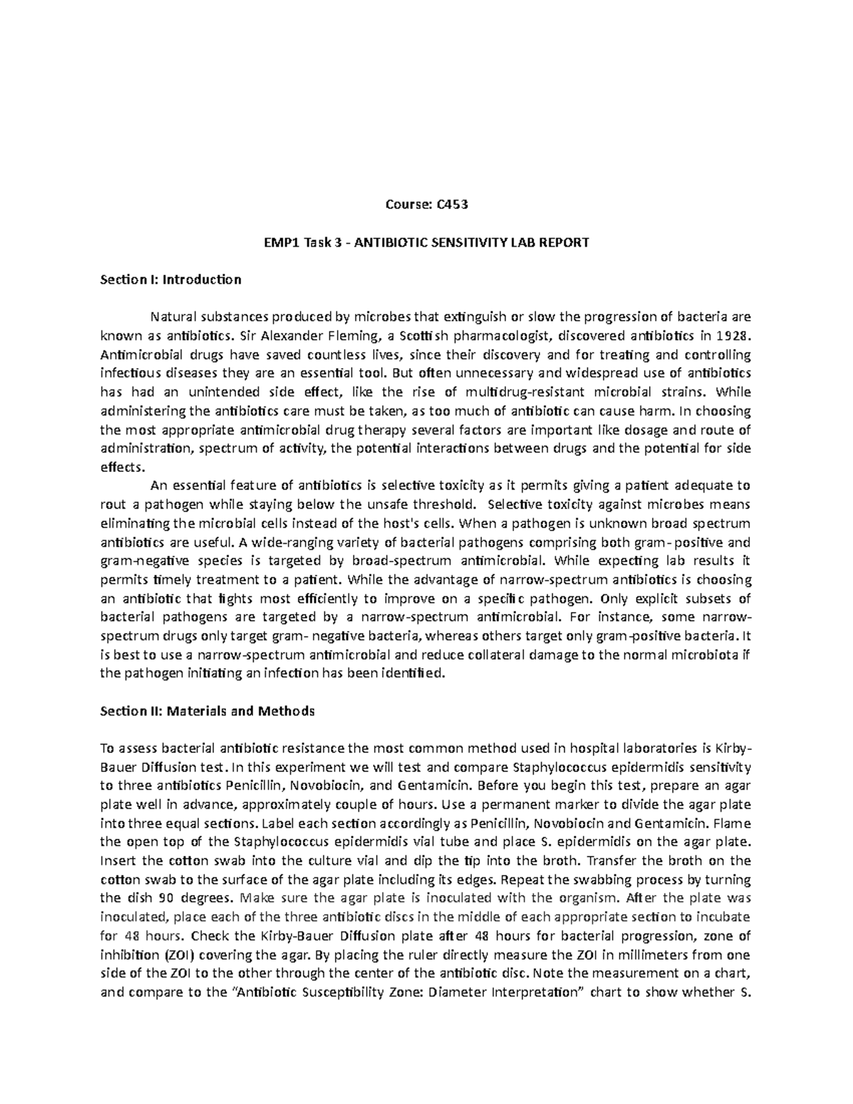 EMP1 Task 3 Antibiotic Sensitivity LAB Report C453 WGU StuDocu