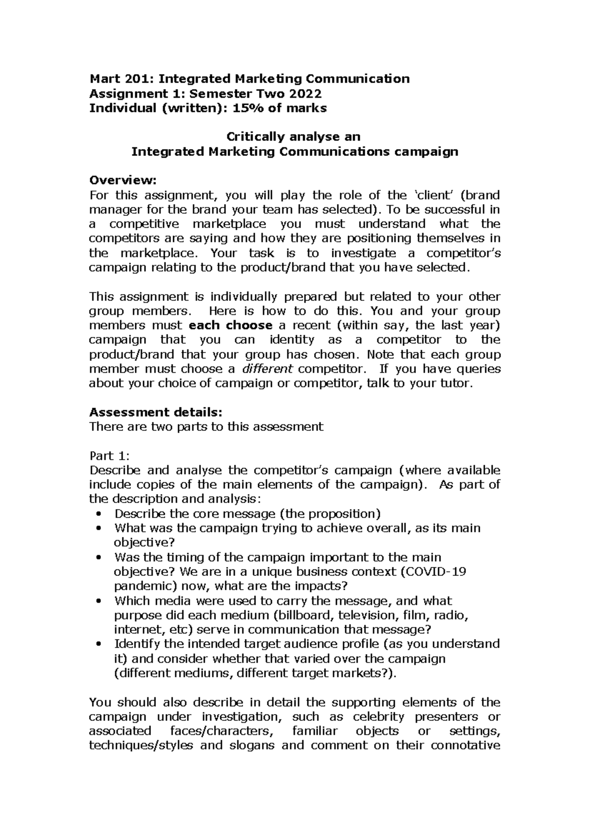 Assessment 1 - Mart 201: Integrated Marketing Communication Assignment ...