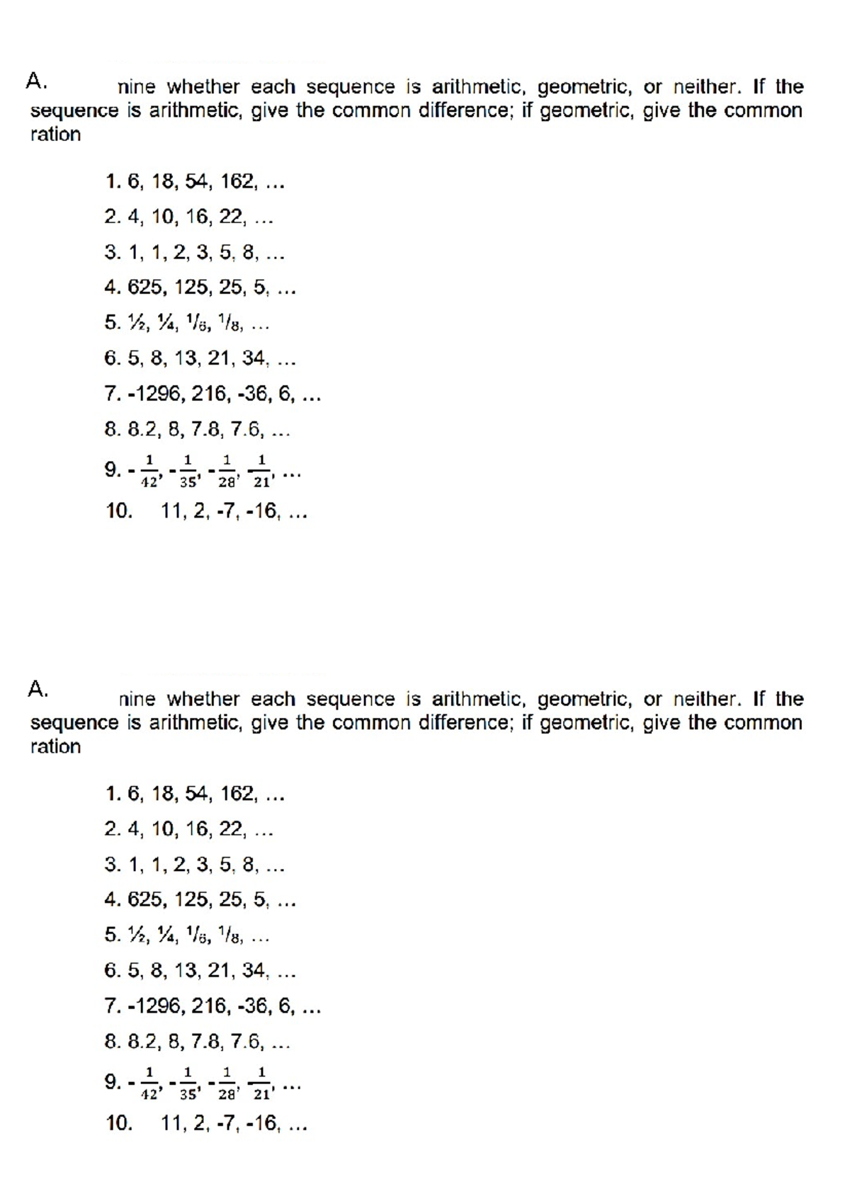 Math activity - activities for students - A. nine whether each sequence ...